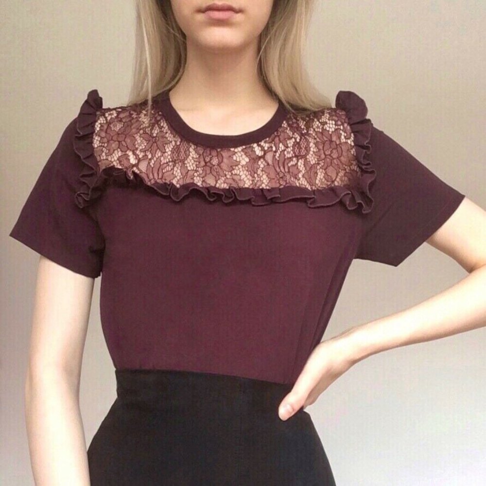 French Connection Purple Mauve Blouse Lace Ruffles